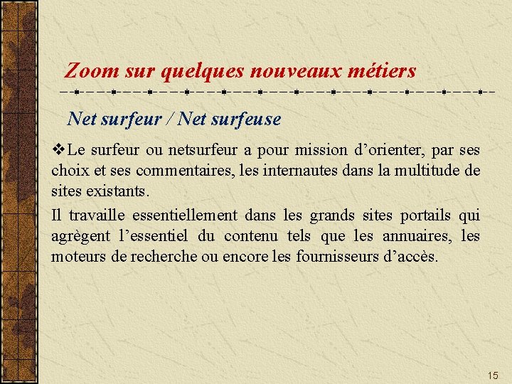 Zoom sur quelques nouveaux métiers Net surfeur / Net surfeuse v. Le surfeur ou