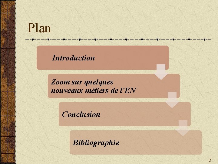 Plan Introduction Zoom sur quelques nouveaux métiers de l’EN Conclusion Bibliographie 2 