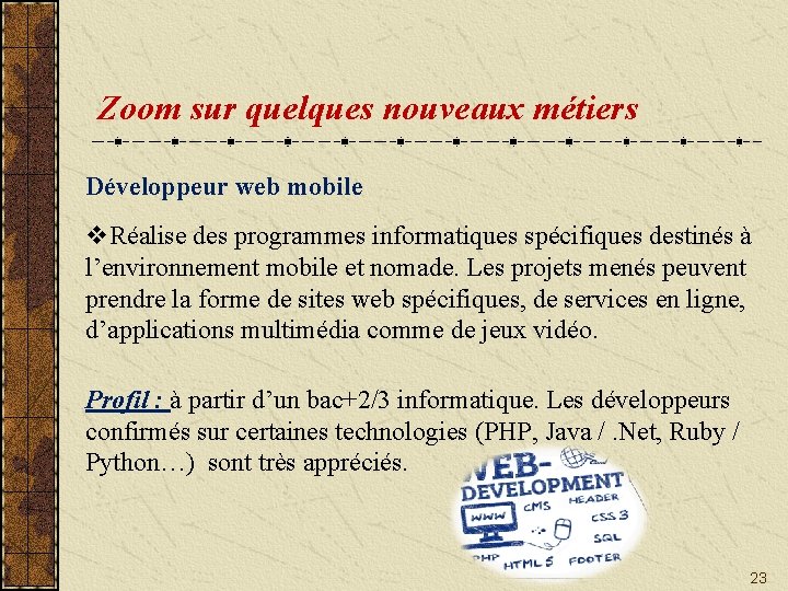 Zoom sur quelques nouveaux métiers Développeur web mobile v. Réalise des programmes informatiques spécifiques