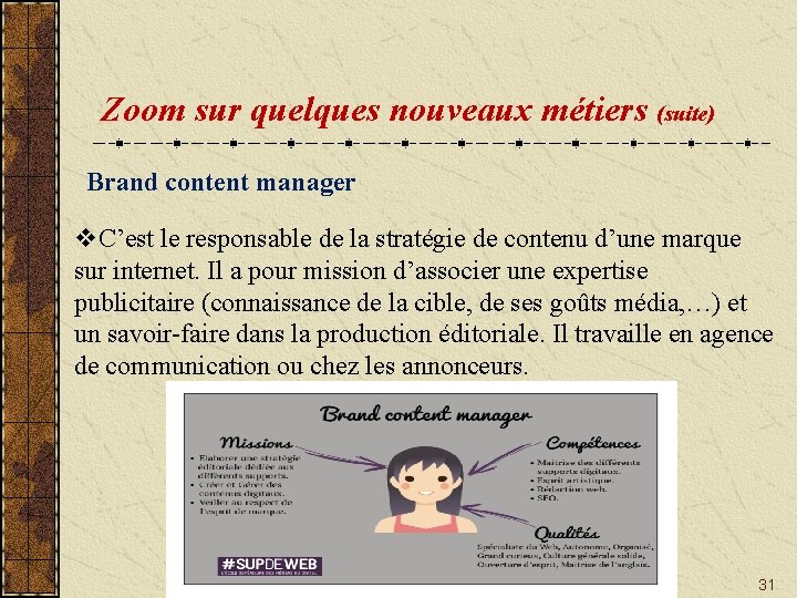 Zoom sur quelques nouveaux métiers (suite) Brand content manager v. C’est le responsable de