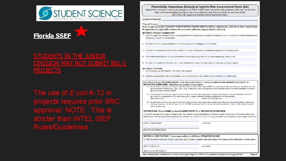 Florida SSEF STUDENTS IN THE JUNIOR DIVISION MAY NOT SUBMIT BSL-2 PROJECTS. The use Florida SSEF STUDENTS IN THE JUNIOR DIVISION MAY NOT SUBMIT BSL-2 PROJECTS. The use