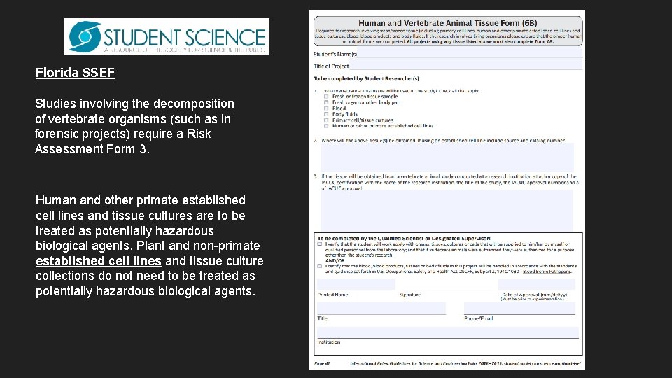 Florida SSEF Studies involving the decomposition of vertebrate organisms (such as in forensic projects) Florida SSEF Studies involving the decomposition of vertebrate organisms (such as in forensic projects)