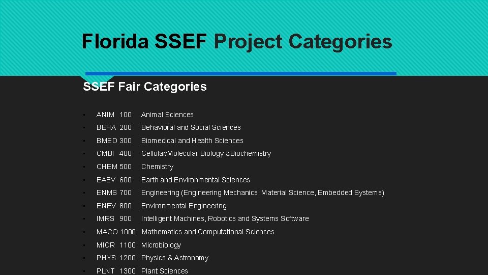 Florida SSEF Project Categories SSEF Fair Categories • ANIM 100 Animal Sciences • BEHA Florida SSEF Project Categories SSEF Fair Categories • ANIM 100 Animal Sciences • BEHA