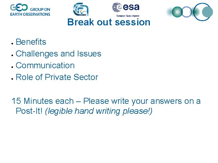 Break out session Benefits Challenges and Issues Communication Role of Private Sector 15 Minutes