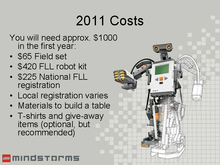 2011 Costs You will need approx. $1000 in the first year: • $65 Field