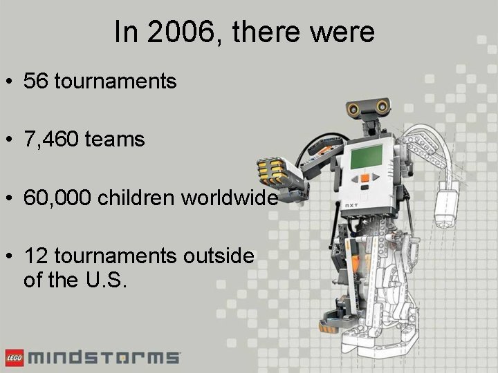 In 2006, there were • 56 tournaments • 7, 460 teams • 60, 000