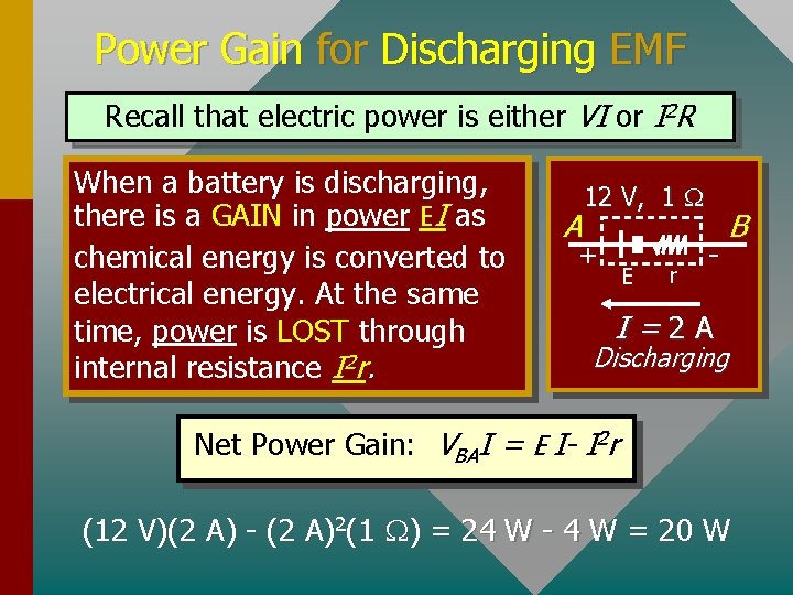 Power Gain for Discharging EMF Recall that electric power is either VI or I