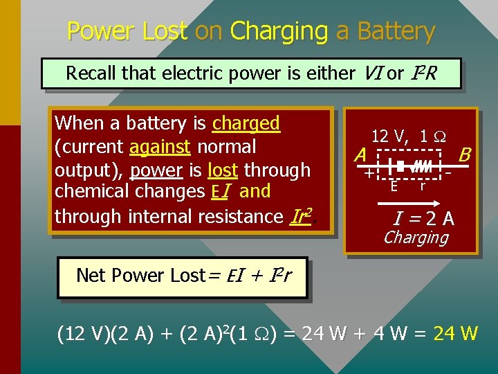 Power Lost on Charging a Battery Recall that electric power is either VI or