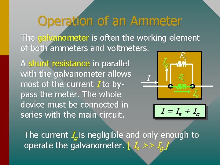 Operation of an Ammeter The galvanometer is often the working element of both ammeters