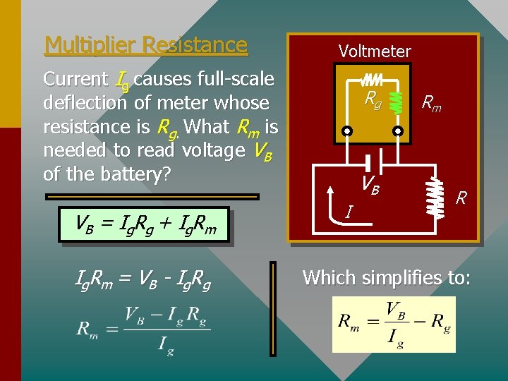 Multiplier Resistance Voltmeter Current Ig causes full-scale deflection of meter whose resistance is Rg.
