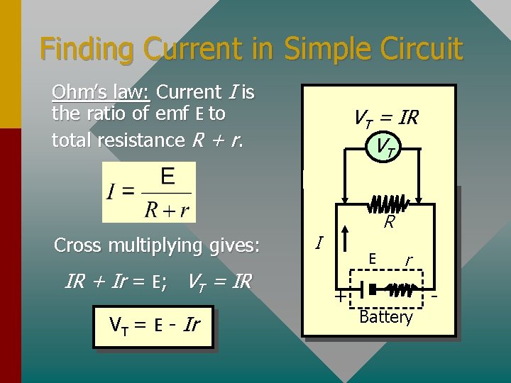 Finding Current in Simple Circuit Ohm’s law: Current I is the ratio of emf