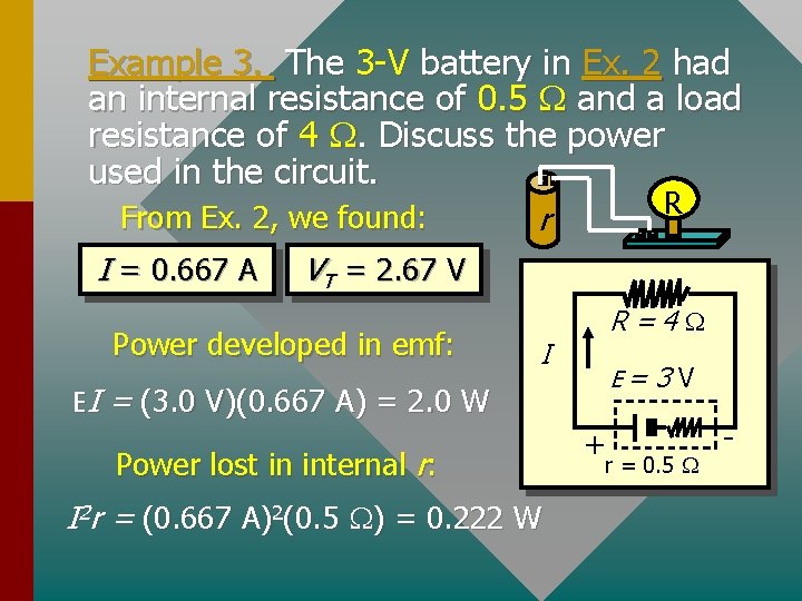 Example 3. The 3 -V battery in Ex. 2 had an internal resistance of