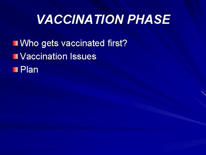 VACCINATION PHASE Who gets vaccinated first? Vaccination Issues Plan 