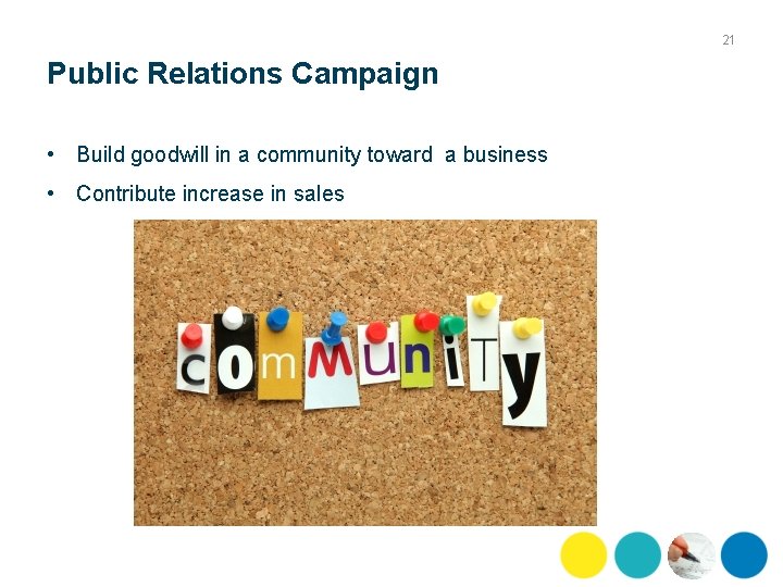 21 Public Relations Campaign • Build goodwill in a community toward a business •