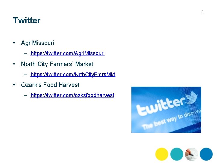 31 Twitter • Agri. Missouri – https: //twitter. com/Agri. Missouri • North City Farmers’