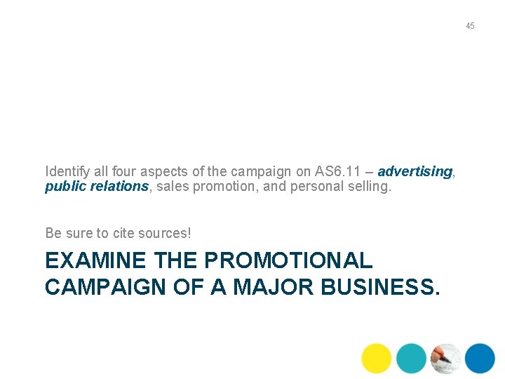 45 Identify all four aspects of the campaign on AS 6. 11 – advertising,
