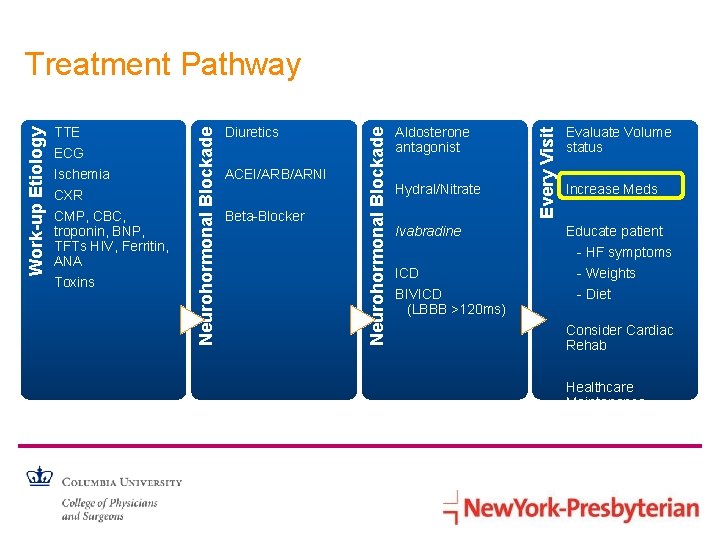 Ischemia CXR CMP, CBC, troponin, BNP, TFTs HIV, Ferritin, ANA Toxins ACEI/ARB/ARNI Beta-Blocker Aldosterone