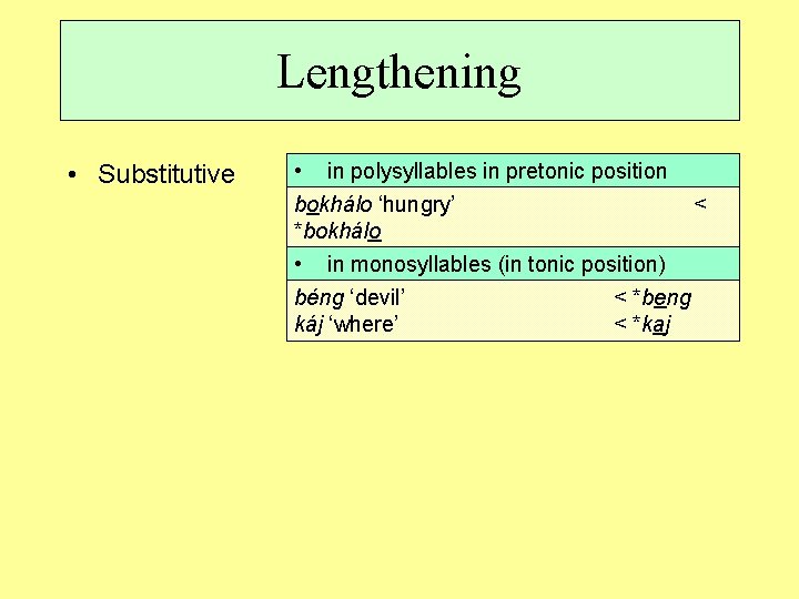 Lengthening • Substitutive • in polysyllables in pretonic position bokhálo ‘hungry’ < *bokhálo bokhalíle