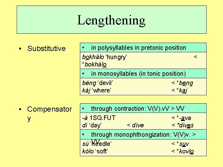 Lengthening • Substitutive • in polysyllables in pretonic position bokhálo ‘hungry’ < *bokhálo bokhalíle