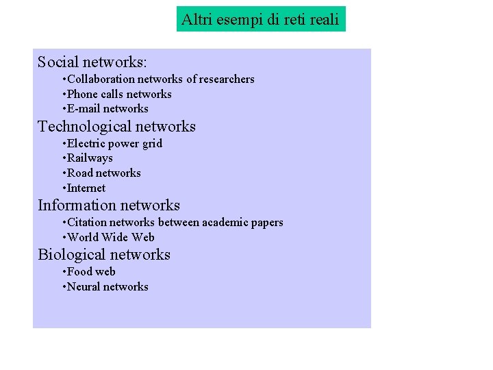 Altri esempi di reti reali Social networks: • Collaboration networks of researchers • Phone