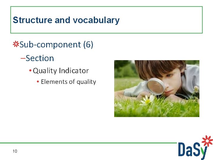 Structure and vocabulary Sub-component (6) –Section • Quality Indicator • Elements of quality 10