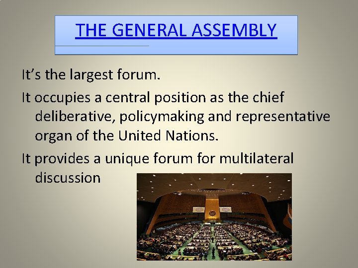 THE GENERAL ASSEMBLY It’s the largest forum. It occupies a central position as the
