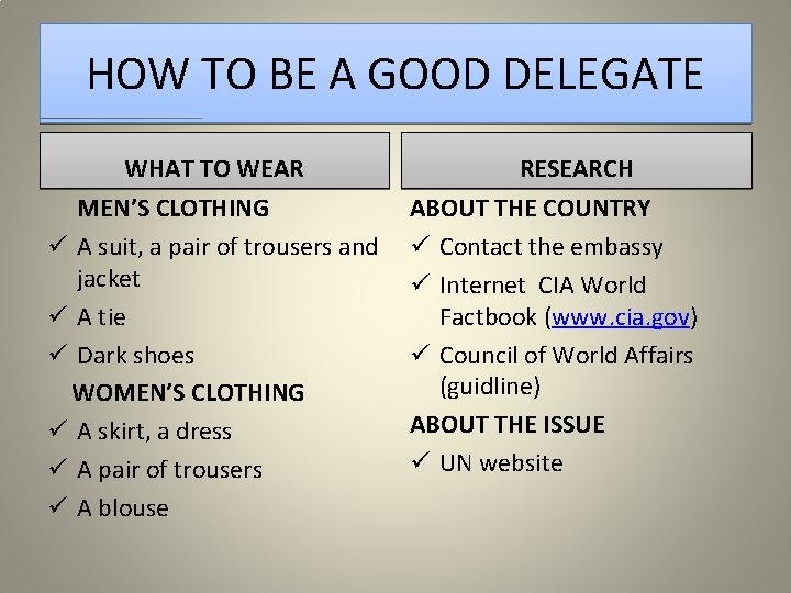 HOW TO BE A GOOD DELEGATE WHAT TO WEAR MEN’S CLOTHING ü A suit,