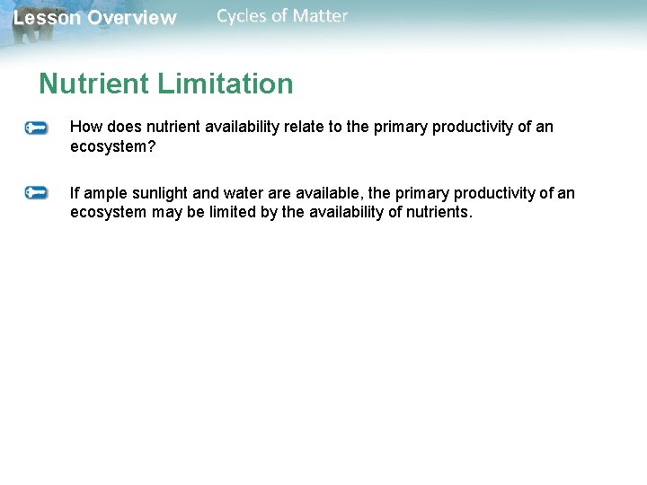 Lesson Overview Cycles of Matter Nutrient Limitation How does nutrient availability relate to the