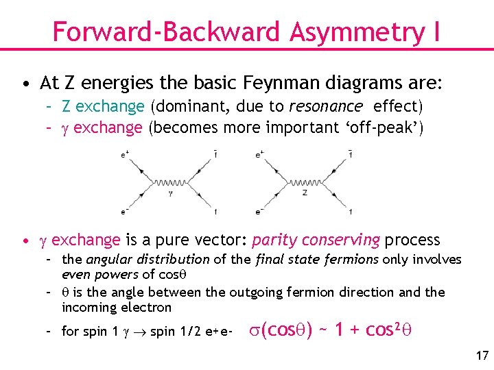 Forward-Backward Asymmetry I • At Z energies the basic Feynman diagrams are: – Z