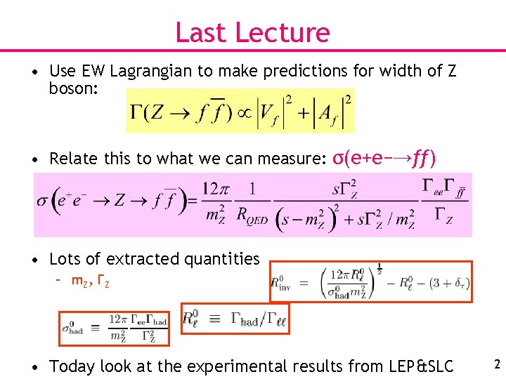 Last Lecture • Use EW Lagrangian to make predictions for width of Z boson:
