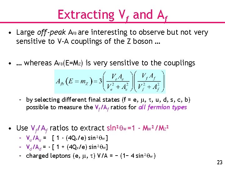 Extracting Vf and Af • Large off-peak AFB are interesting to observe but not