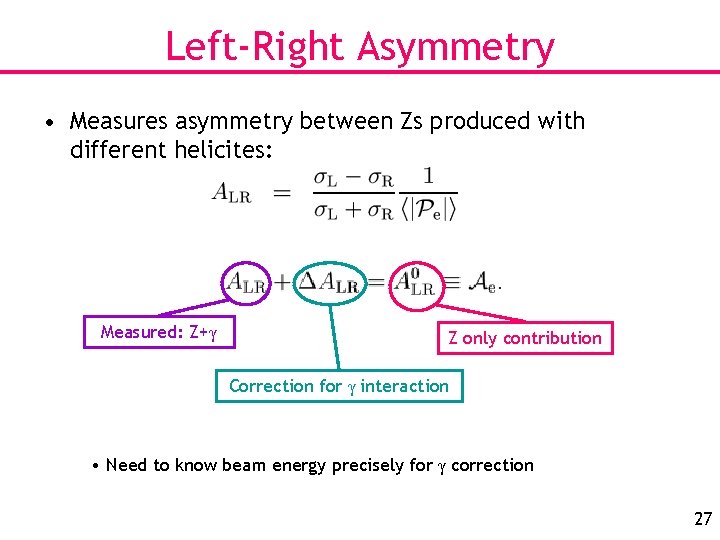 Left-Right Asymmetry • Measures asymmetry between Zs produced with different helicites: Measured: Z+γ Z