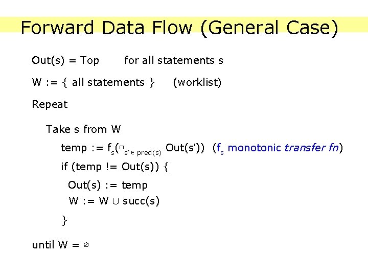 Forward Data Flow (General Case) Out(s) = Top for all statements s W :