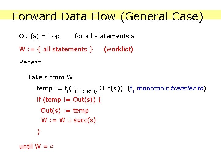 Forward Data Flow (General Case) Out(s) = Top for all statements s W :