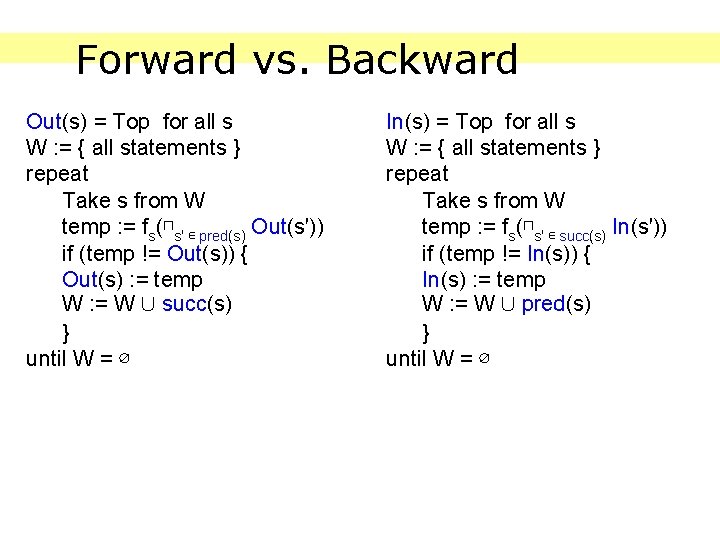 Forward vs. Backward Out(s) = Top for all s W : = { all