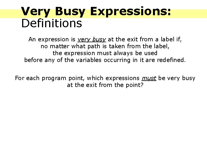 Very Busy Expressions: Definitions An expression is very busy at the exit from a