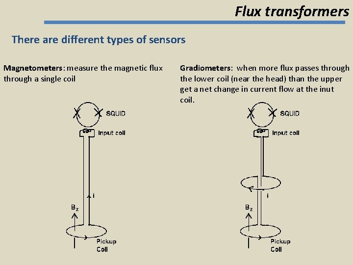 Flux transformers There are different types of sensors Magnetometers: measure the magnetic flux through