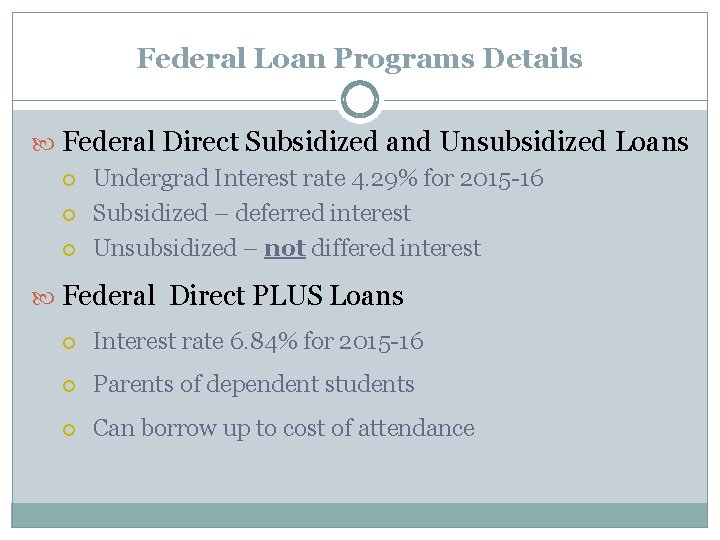 Federal Loan Programs Details Federal Direct Subsidized and Unsubsidized Loans Undergrad Interest rate 4.