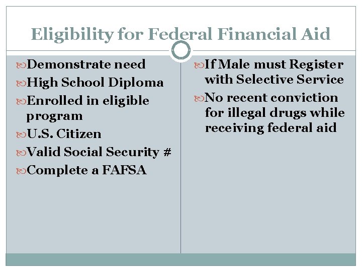 Eligibility for Federal Financial Aid Demonstrate need If Male must Register High School Diploma