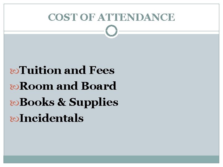 COST OF ATTENDANCE Tuition and Fees Room and Board Books & Supplies Incidentals 