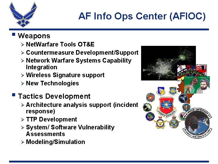 AF Info Ops Center (AFIOC) § Weapons Ø Net. Warfare Tools OT&E Ø Countermeasure