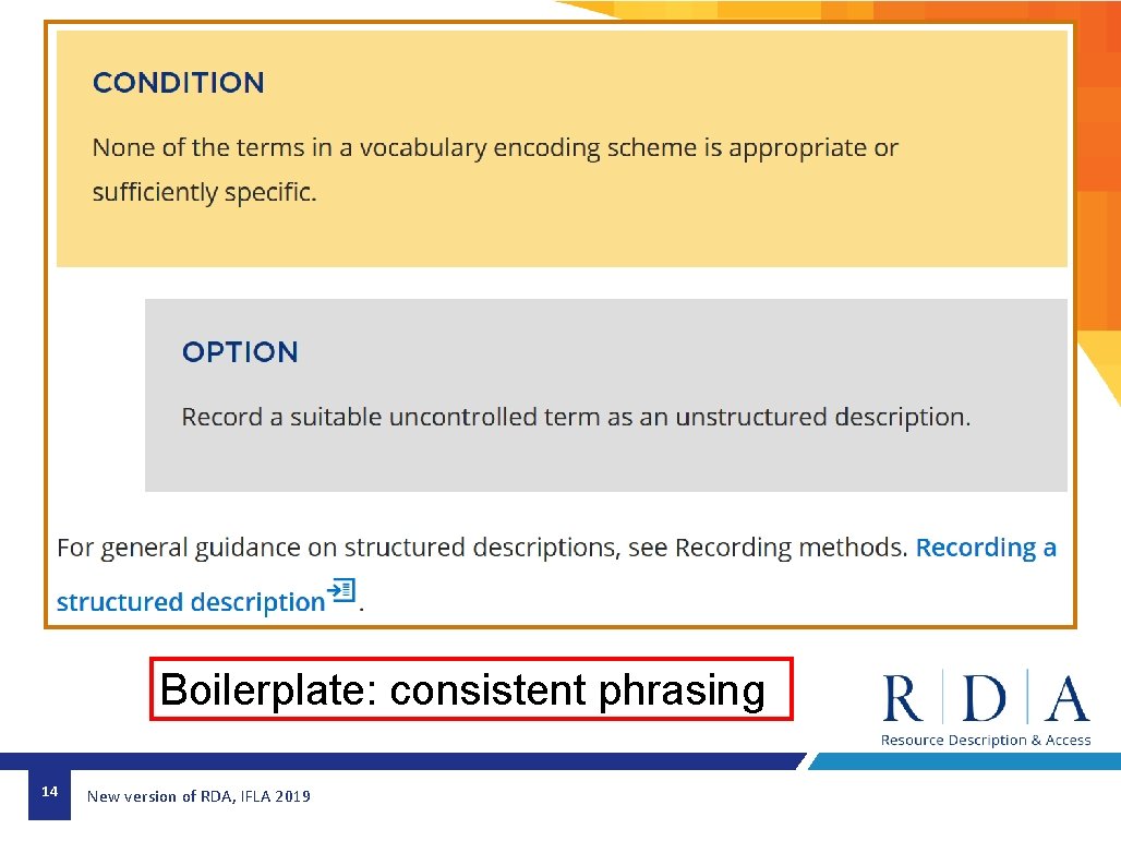 Boilerplate: consistent phrasing 14 New version of RDA, IFLA 2019 Boilerplate: consistent phrasing 14 New version of RDA, IFLA 2019