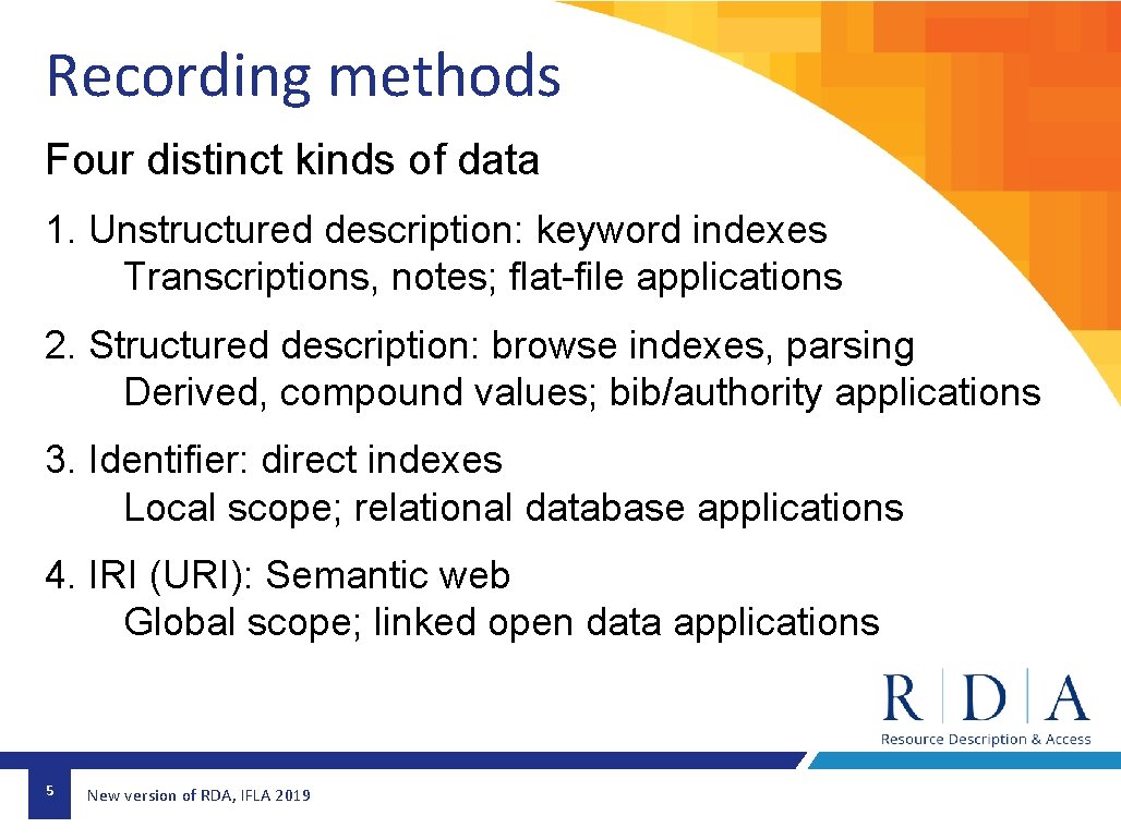 Recording methods Four distinct kinds of data 1. Unstructured description: keyword indexes Transcriptions, notes; Recording methods Four distinct kinds of data 1. Unstructured description: keyword indexes Transcriptions, notes;