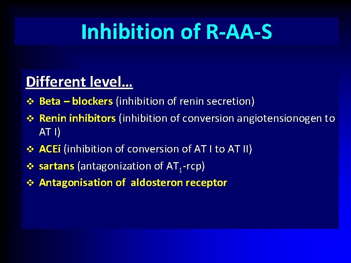Inhibition of R-AA-S Different level… v v v Beta – blockers (inhibition of renin