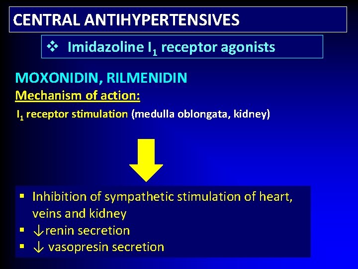 CENTRAL ANTIHYPERTENSIVES v Imidazoline I 1 receptor agonists MOXONIDIN, RILMENIDIN Mechanism of action: I