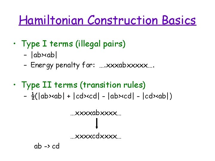Hamiltonian Construction Basics • Type I terms (illegal pairs) – |ab><ab| – Energy penalty