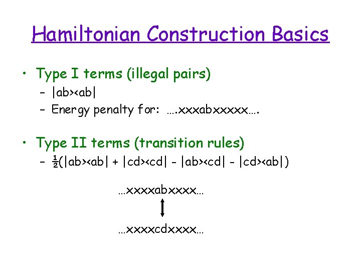 Hamiltonian Construction Basics • Type I terms (illegal pairs) – |ab><ab| – Energy penalty