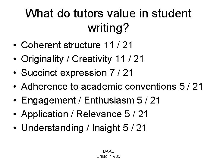 What do tutors value in student writing? • • Coherent structure 11 / 21