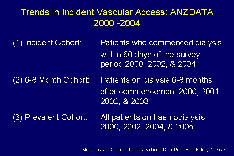 Trends in Incident Vascular Access: ANZDATA 2000 -2004 (1) Incident Cohort: Patients who commenced