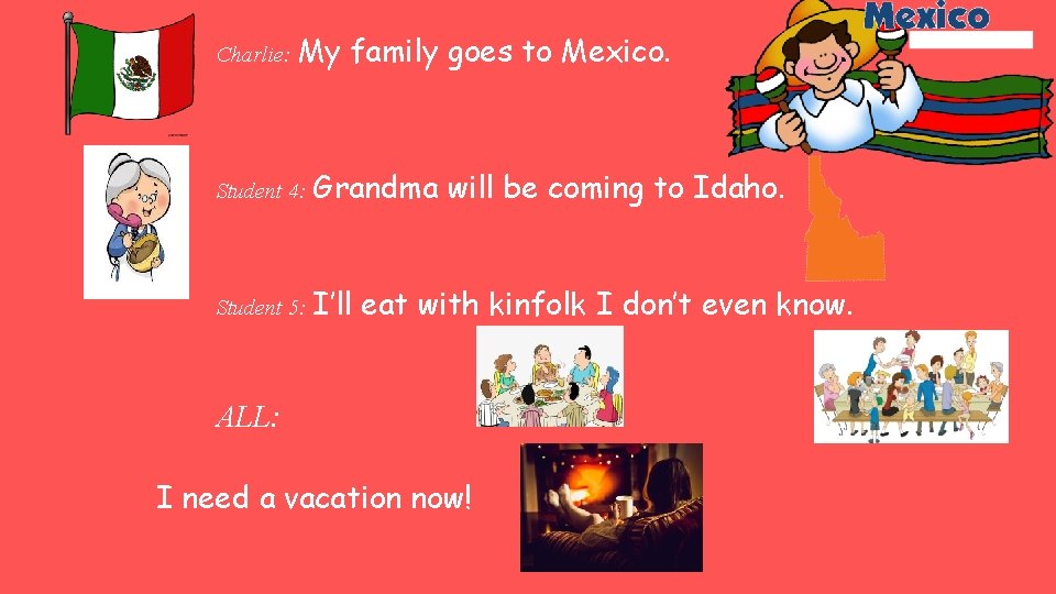  Charlie: My family goes to Mexico. Student 4: Grandma will be coming to